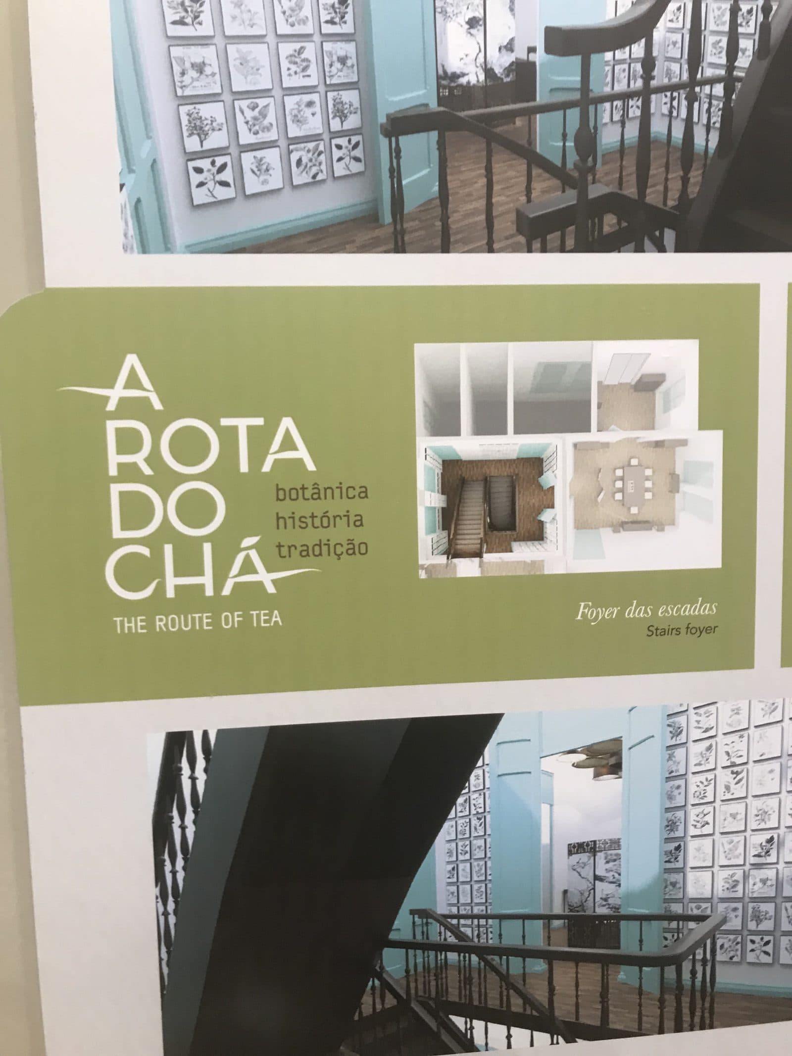 Mockup da exposição "A Rota do Chá" — foyer das escadas